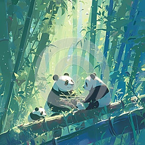 Ethereal Panda Family in Nature\'s Splendor