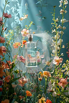 Ethereal Perfume Bottle Spraying Fragrance Among Vibrant Blossoms with Sun Rays