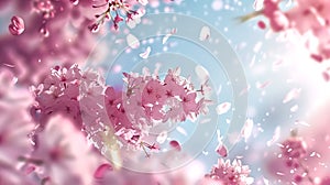 Ethereal pink sakura blossoms against a clear spring sky, with p