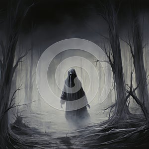 Ethereal Presence: Ghostly Figure Amidst a Dark and Desolate Forest