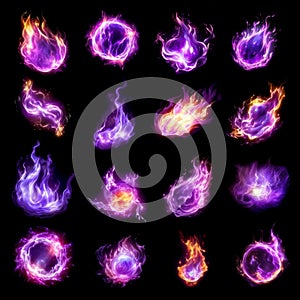 Ethereal purple flames and wizardry spell lights, collection isolated on black background. Generative AI illustrations photo