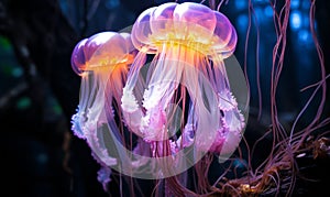 Ethereal Purple Jellyfish Floating Gracefully in the Depths of a Dark Ocean Illuminated with a Bioluminescent Glow
