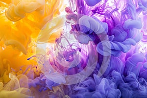 Ethereal purple and yellow ink clouds billowing in water, ideal for abstract and imaginative compositions.