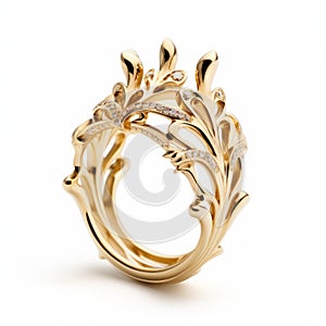 Ethereal Rococo-inspired Gold Ring With Diamonds And Leaves