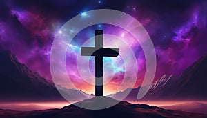 Ethereal Scene with Cross Silhouette, Spiritual Cross in Cosmic Background photo