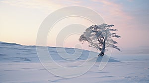Ethereal Snowscape: Lone Tree In Pink And Cyan