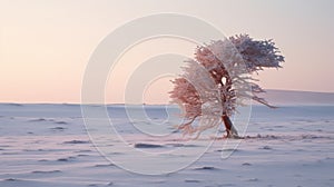 Ethereal Snowscape: A Lonely Cedar In Soft Pink And Amber Light