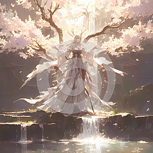 Ethereal Spirit Amid Cherry Blossoms, Fantasy Art