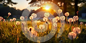 Ethereal summer sunset landscape with delicate dandelion seeds in full bloom, backlit by the warm glow of the setting sun, amidst