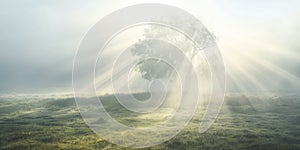 Ethereal Sunrays Piercing Morning Mist Around Solitary Tree in Pastoral Landscape