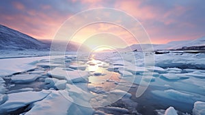 Ethereal Sunset: A Frozen River In The Arctic Ice Region