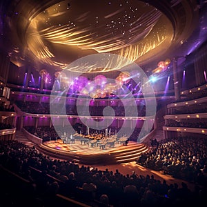 Ethereal Symphony Hall with Grand Chandeliers, Orchestra, and Renowned Composers