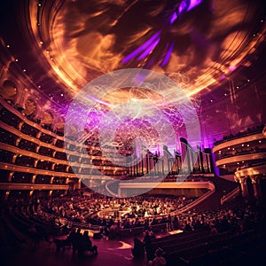 Ethereal Symphony Hall with Grand Chandeliers, Orchestra, and Renowned Composers