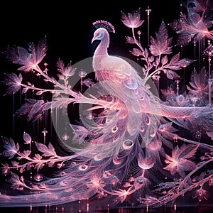 Ethereal translucent holographic pink, perched on a branch, light sclupture, 3D laser light, ghostly, fantasy photo