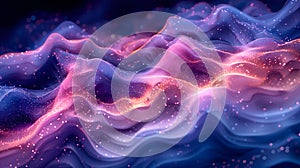 Ethereal waves in a cosmic dance of pink and blue glitters. AI generated
