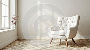 An ethereal white chair graces an empty room with a warm wooden floor, creating a serene and inviting ambiance that invites