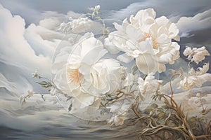 Ethereal White florals vines clouds petal. Generate AI