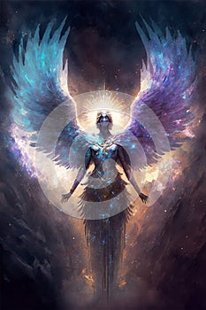 Ethereal winged Angel Cosmic Background Illustration, Shining cosmic Entity in Space, Generative AI