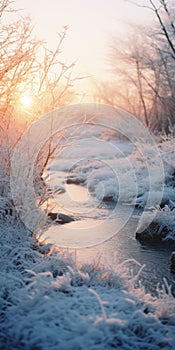 Ethereal Winter Landscape: Soft Focus Stream In Snowy Land