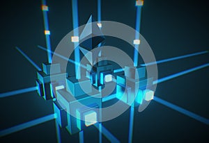 Ethereum blockchain network in 3d, side view