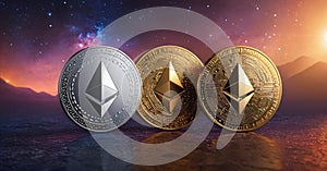 ethereum and cardano coin virtual currency views. 3d illustrations photo