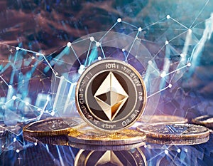 an Ethereum coin with diamond-shaped logo on dynamic backdrop of a financial growth chart