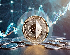 an Ethereum coin with diamond-shaped logo on dynamic backdrop of a financial growth chart