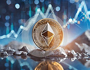 an Ethereum coin with diamond-shaped logo on dynamic backdrop of a financial growth chart