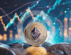 an Ethereum coin with diamond-shaped logo on dynamic backdrop of a financial growth chart