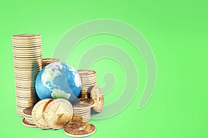 Ethereum coin ETH one of most popular and best cryptocurrency and symbol of world , stack of ethereum coin with globe or earth. photo