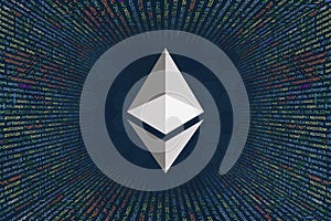 Ethereum, ETH cryptocurrency symbol. A tunnel from a computer program code. Programmer Strings of code, Javascript, CSS and PHP.