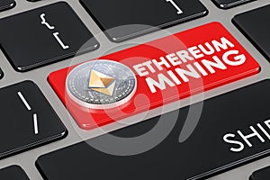 Ethereum mining concept on keyboard button, 3D rendering