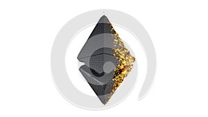Etherium cryptocurrency symbol covered by liquid gold and coins. 3D background.