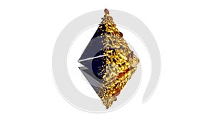 Etherium cryptocurrency symbol covered by liquid gold and coins. 3D background.