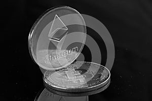Etherium Token on Bitcoin Token in Black and White
