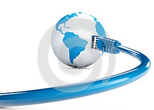 Ethernet cable, internet connection, bandwidth. The world on the web. World Connections, Globe