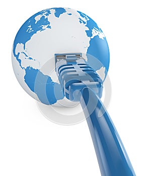 Ethernet cable, internet connection, bandwidth. The world on the web. World Connections, Globe