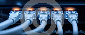 The Ethernet Cables Connected to a Network Switch with Glowing Indicators AI generated image