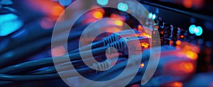 The Ethernet Cables Connected to a Network Switch with Glowing LEDs AI generated image