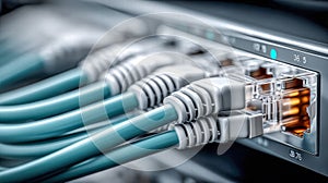 Ethernet cables connected to a network switch, representing data transfer and connectivity.
