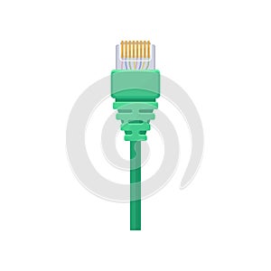 Ethernet connector with green cable. Registered jack. Item for connecting computer and data equipment. Flat vector icon