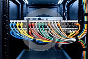Ethernet Network Cables Connected to Server Rack Patch Panel