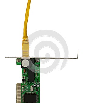Ethernet network card with yellow patch cords top view.