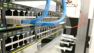 Ethernet network connectivity. Patch cords plugged into a data switch