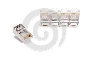 Ethernet RJ45 Connector, for modular crimp cable connection with isolated on white background. Close-up, Selective focus