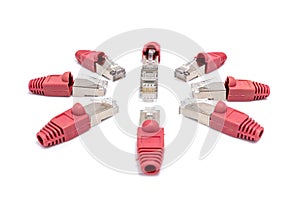 Ethernet RJ45 Connector, for modular crimp cable connection with isolated on white background. Close-up, Selective focus