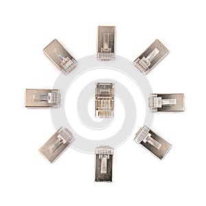 Ethernet RJ45 Connector, for modular crimp cable connection with isolated on white background. Close-up, Selective focus