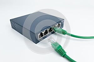 Ethernet switch box port on a white