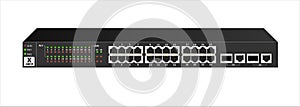 Ethernet switch for a large office or service provider with 24 client ports and two combo ports. Black colour.