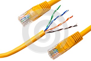 An ethernet wire cable and yellow patch-cord with twisted pair